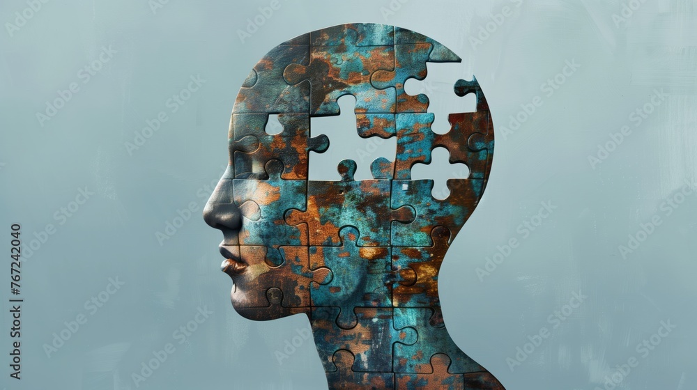 Mental health, psychotherapy, strategy, logical brain and memory creative abstract concept. Human Head silhouette with jigsaw puzzle pieces. Mindfulness, thinking, self care idea. Mental health, psychotherapy, strategy, logical brain and memory creative abstract concept. Human Head silhouette with jigsaw puzzle pieces. Mindfulness, thinking, self care idea.