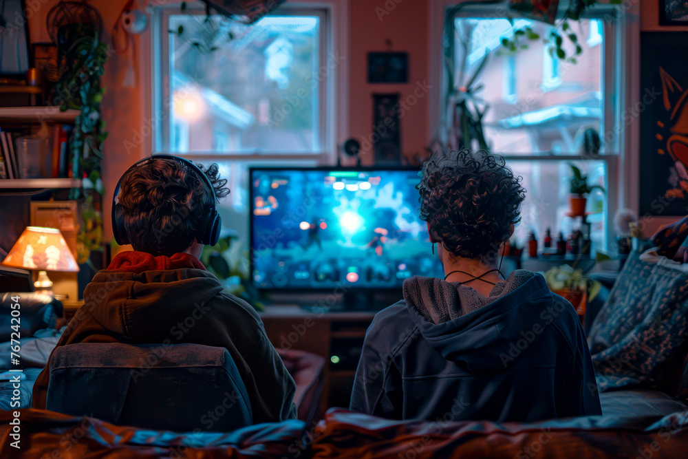 Dynamic Duo: Two Student Roommates Engage in Intense Video Game Battle on TV Dynamic Duo: Two Student Roommates Engage in Intense Video Game Battle on TV