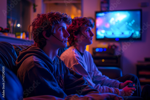 Dynamic Duo: Two College Roommates Engaged in Intense Video Game Battle on TV