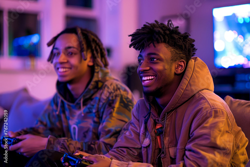 Dynamic Duo: Two Students Roommates Engage in Intense Video Game Battle on TV photo
