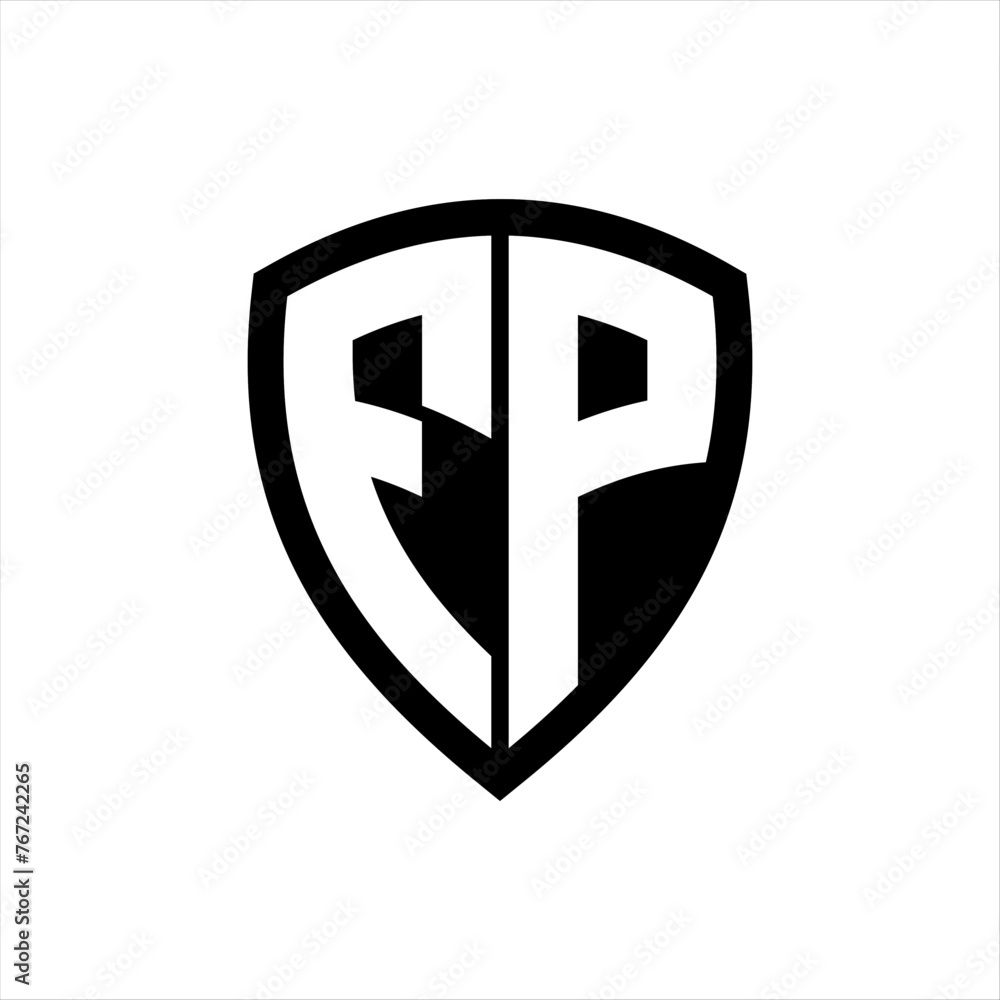 FP monogram logo with bold letters shield shape with black and white color design FP monogram logo with bold letters shield shape with black and white color design