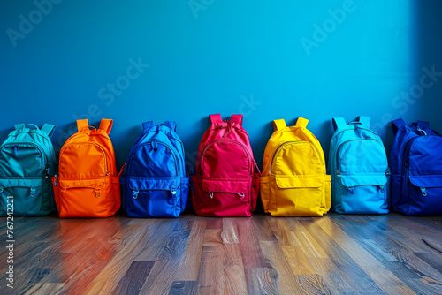 Vibrant Kids' Backpacks Posing on Wooden Floor with Blue Wall Background: A Colorful School Adventure