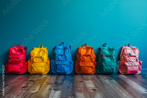 Vibrant kids' backpacks on wooden floor against blue backdrop - a colorful school essential display