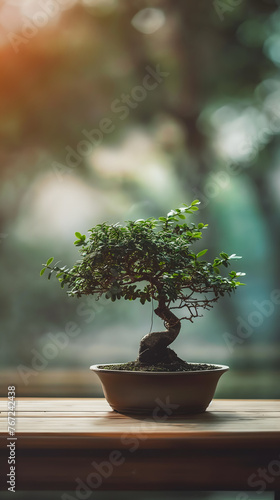Serene Bonsai Tree in Sunlit Room Capturing Tranquility
