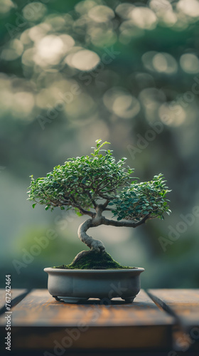 Serene Bonsai Tree Bathed in Natural Sunlight on Wooden Table