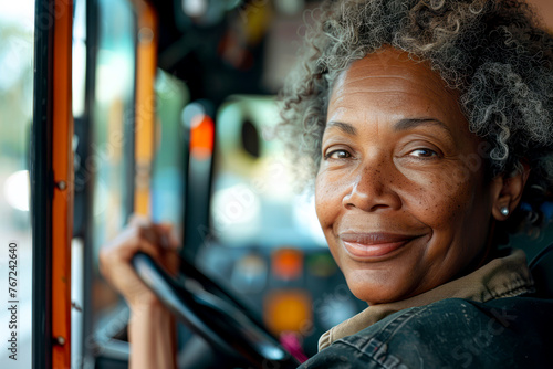 Radiant Female Bus Driver Grins: A Captivating Portrait of Empowerment Behind the Wheel photo