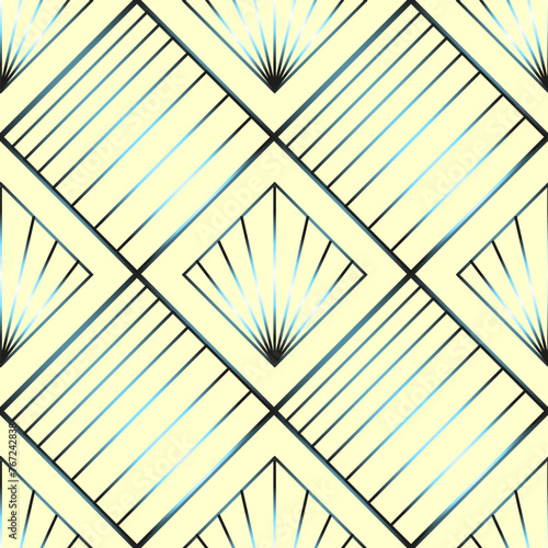 Seamless vector geometric art deco pattern with rhombuses, stripes, palmettes and gradients