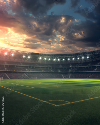 Sunset Rays over an Empty Soccer Stadium Ready for Action © slonme