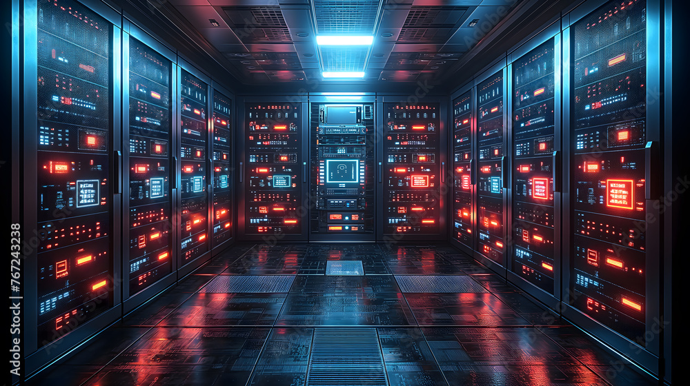 Futuristic Server Room with Glowing Red LED Lights