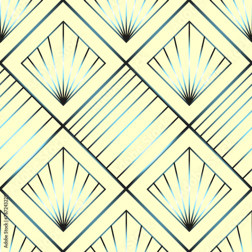 Seamless vector geometric art deco pattern with rhombuses, stripes, palmettes and gradients