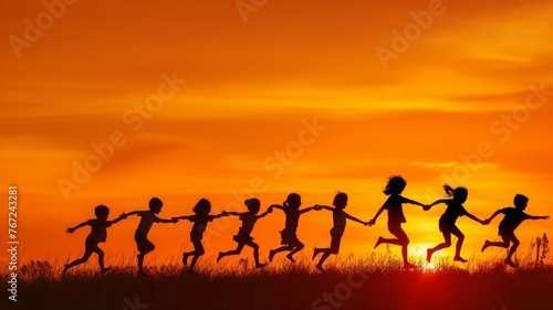 Children playing in sunset silhouette scene