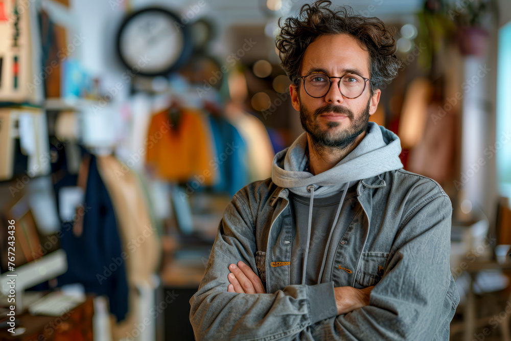 Obraz premium Chic Fashion Designer Captured in Trendy Co-Working Space