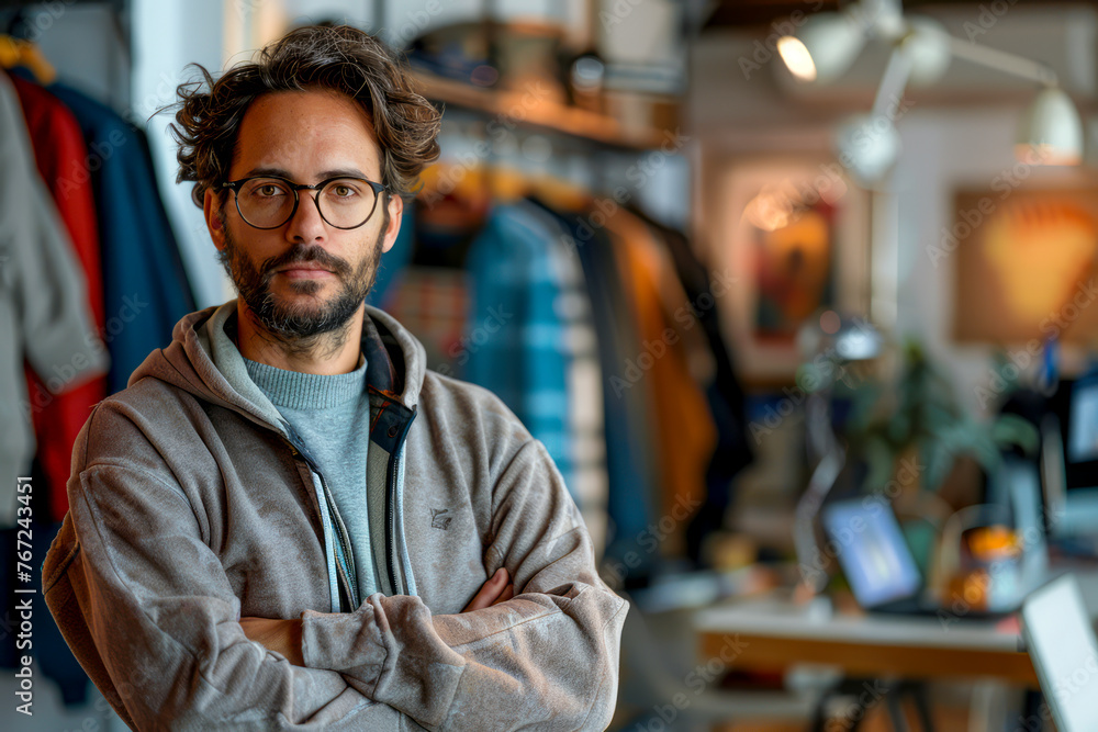 Obraz premium Chic Creator: Captivating Image of Fashion Designer in Collaborative Workspace