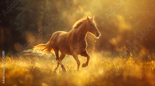 Majestic Horse Galloping in a Sunlit Golden Field at Dusk