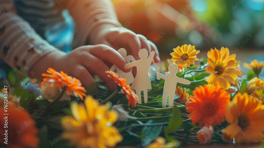 Child playing with paper cutouts and flowers
