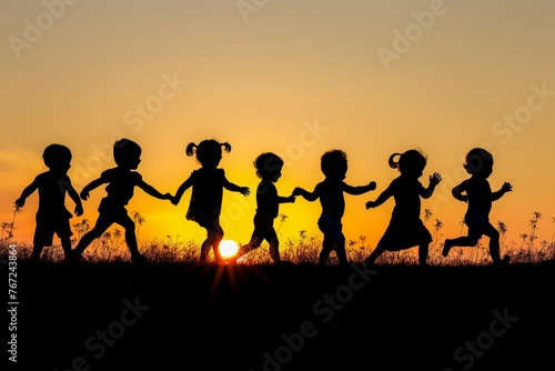 Children Playing Silhouette on Sunset Landscape