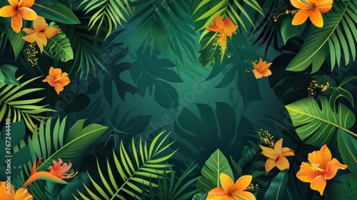 Abstract background with lush vines and tropical flowers.