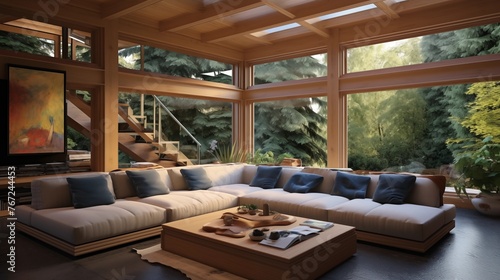 Sunken conversation pit living room with two-story windows built-in wraparound sofa and wood ceiling coffers.