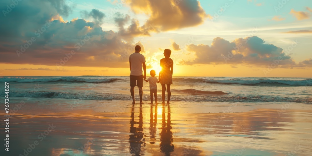 Family enjoying beach sunset with reflection Family enjoying beach sunset with reflection