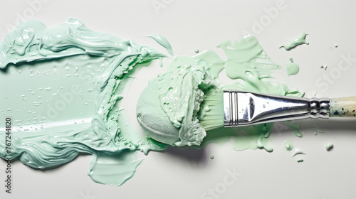 A paintbrush with mint green ice cream on it, on a white background, in a high resolution photograph, with insanely detailed style