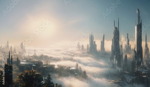 futuristic big city covered with thin fog and beautiful sunlight, generative ai  art © gmm2000