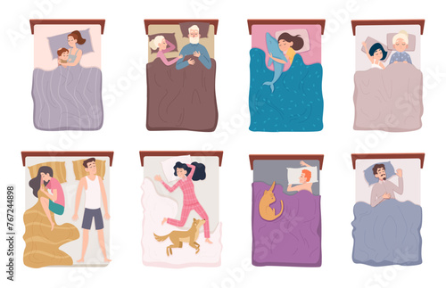 Lying top view. Sleeping people lying in bed kids dreaming exact vector bedtime concept cartoon illustrations © ONYXprj