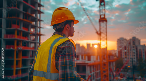 A construction worker in a yellow helmet and reflective vest surveys a large building site with cranes during sunset.