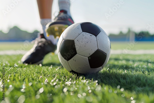 Footballer Kicking Ball On Grass Field. Classic Soccer Ball. Soccer Football Background © matimix