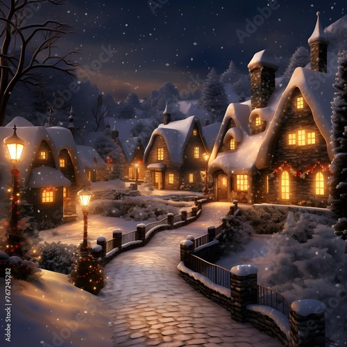 Winter village at night with snowfall. Christmas background. Digital painting.