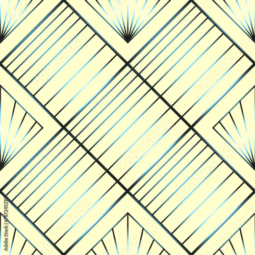 Seamless vector geometric art deco pattern with rhombuses, stripes, palmettes and gradients