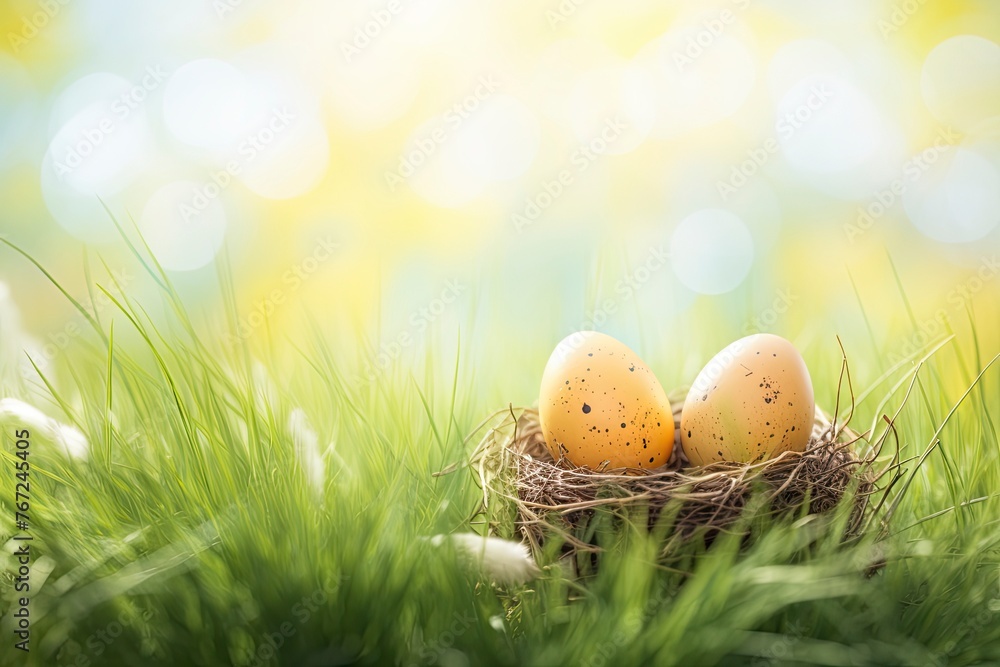 Three painted easter eggs in a birds nest celebrating a Happy Easter on a spring day with a green grass meadow and blurred grass foreground and bright sunlight background with - generative ai