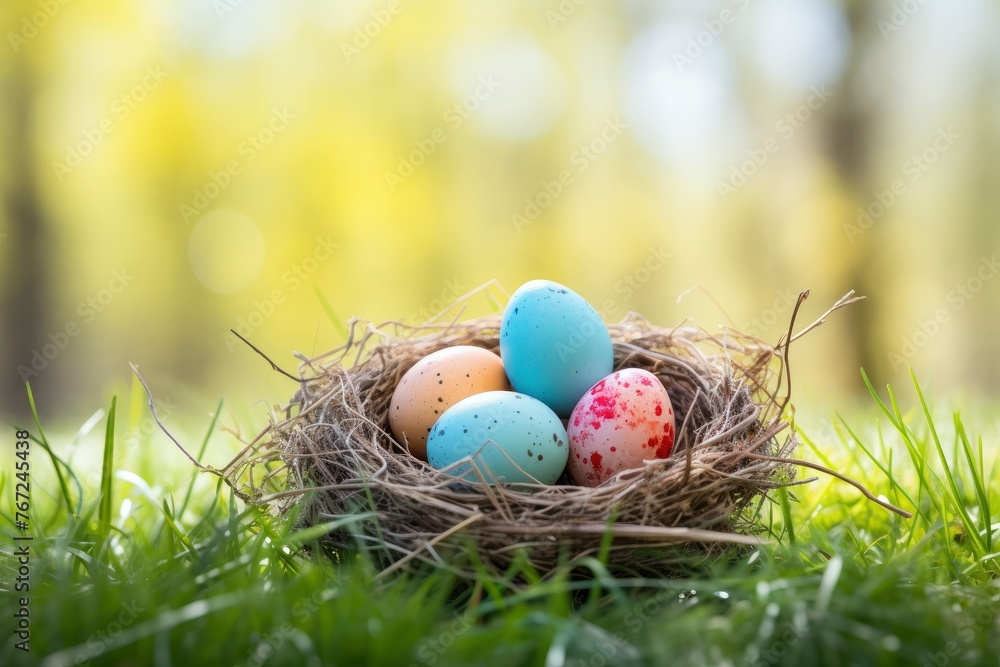 Three painted easter eggs in a birds nest celebrating a Happy Easter on a spring day with a green grass meadow and blurred grass foreground and bright sunlight background with - generative ai Three painted easter eggs in a birds nest celebrating a Happy Easter on a spring day with a green grass meadow and blurred grass foreground and bright sunlight background with - generative ai