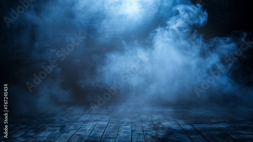Dramatic Blue Smoke Filling Stage With Wooden Flooring