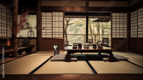 Traditional Japanese ryokan with tatami mat floors and shoji screens.