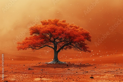 A vivid red tree stands on a hill against a monochrome red planet's surface and sky