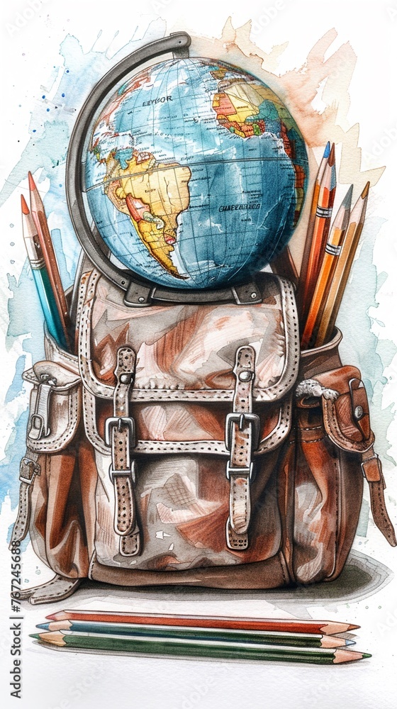 A detailed drawing capturing the textures and shadows of a backpack, a realistically rendered globe, pencils arranged in a row, and a set of watercolors, highlighting the essential tools for students 