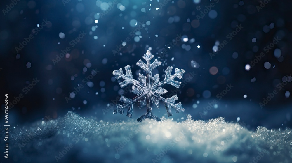 Fototapeta premium Winter composition with single snowflake on dark background
