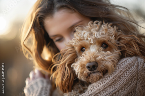 Happy young woman cuddling her curly cute dog. Pet Sitter concept. 
