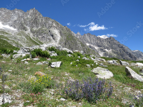 Landscape in the mountainsides of the Mont-Blanc during the summer from the Pointe Helbronner. Alps Chain Mountains. Border between Italy and France.  