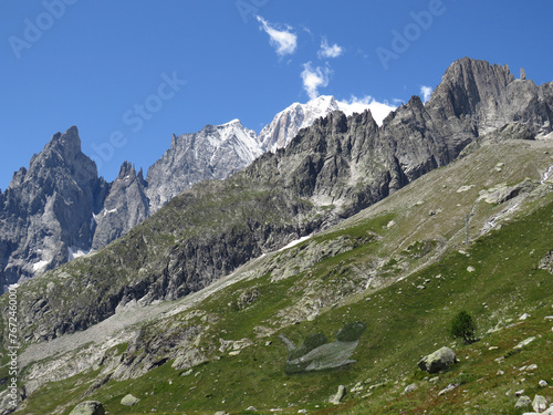 View of the Mont-Blanc (altitude: 4.810 m) the summer. Alps Chain Mountains. Border between Italy and France.