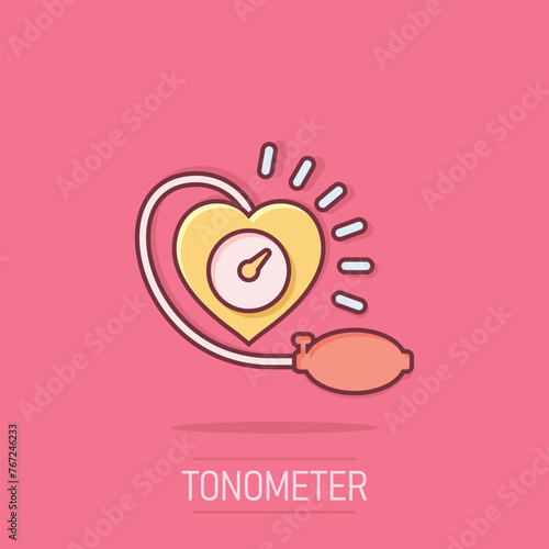 Arterial blood pressure icon in comic style. Heartbeat monitor cartoon vector illustration on isolated background. Pulse diagnosis splash effect sign business concept.