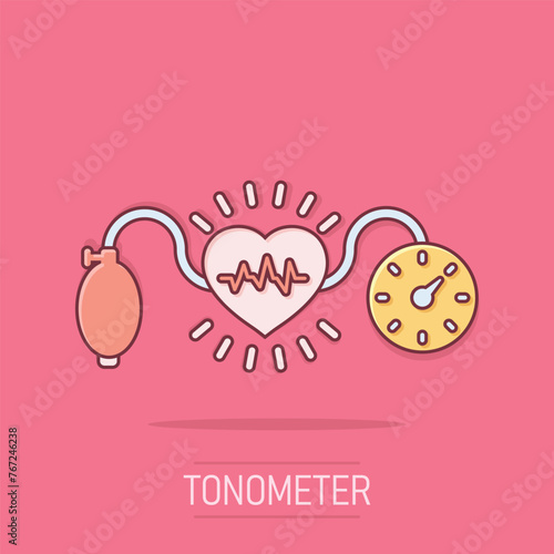 Arterial blood pressure icon in comic style. Heartbeat monitor cartoon vector illustration on isolated background. Pulse diagnosis splash effect sign business concept.