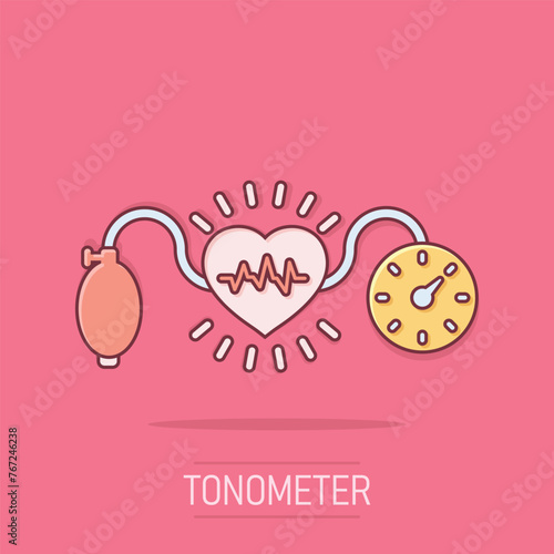 Arterial blood pressure icon in comic style. Heartbeat monitor cartoon vector illustration on isolated background. Pulse diagnosis splash effect sign business concept.