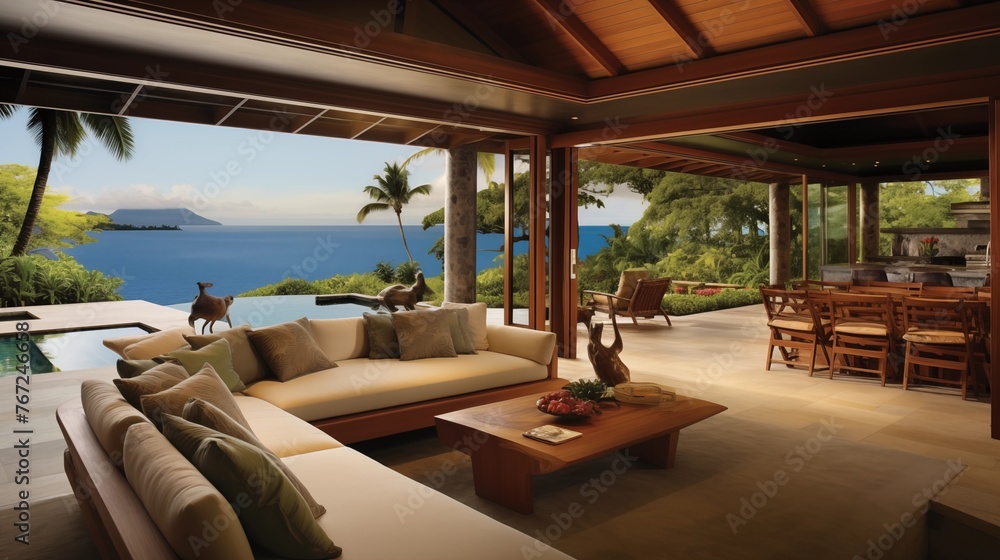 Tropical indoor/outdoor bungalow living room with tongue-and-groove ceilings seamless indoor/outdoor flow and resort views. - obrazy, fototapety, plakaty 