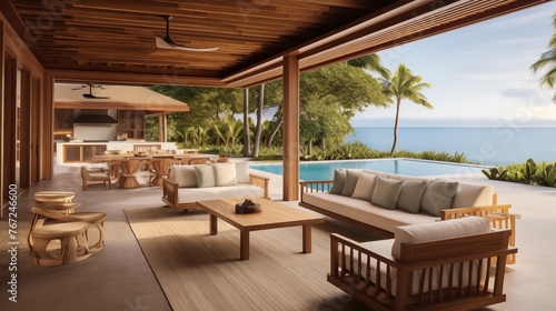 Tropical bungalow outdoor covered living room and kitchen with wood plank ceilings and beach access. © Aeman