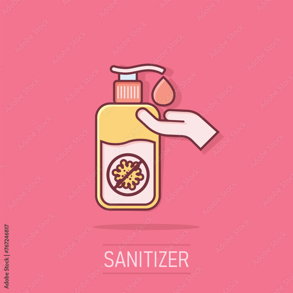 Hand sanitizer icon in comic style. Antiseptic bottle cartoon vector illustration on isolated background. Disinfect gel splash effect sign business concept. Hand sanitizer icon in comic style. Antiseptic bottle cartoon vector illustration on isolated background. Disinfect gel splash effect sign business concept.