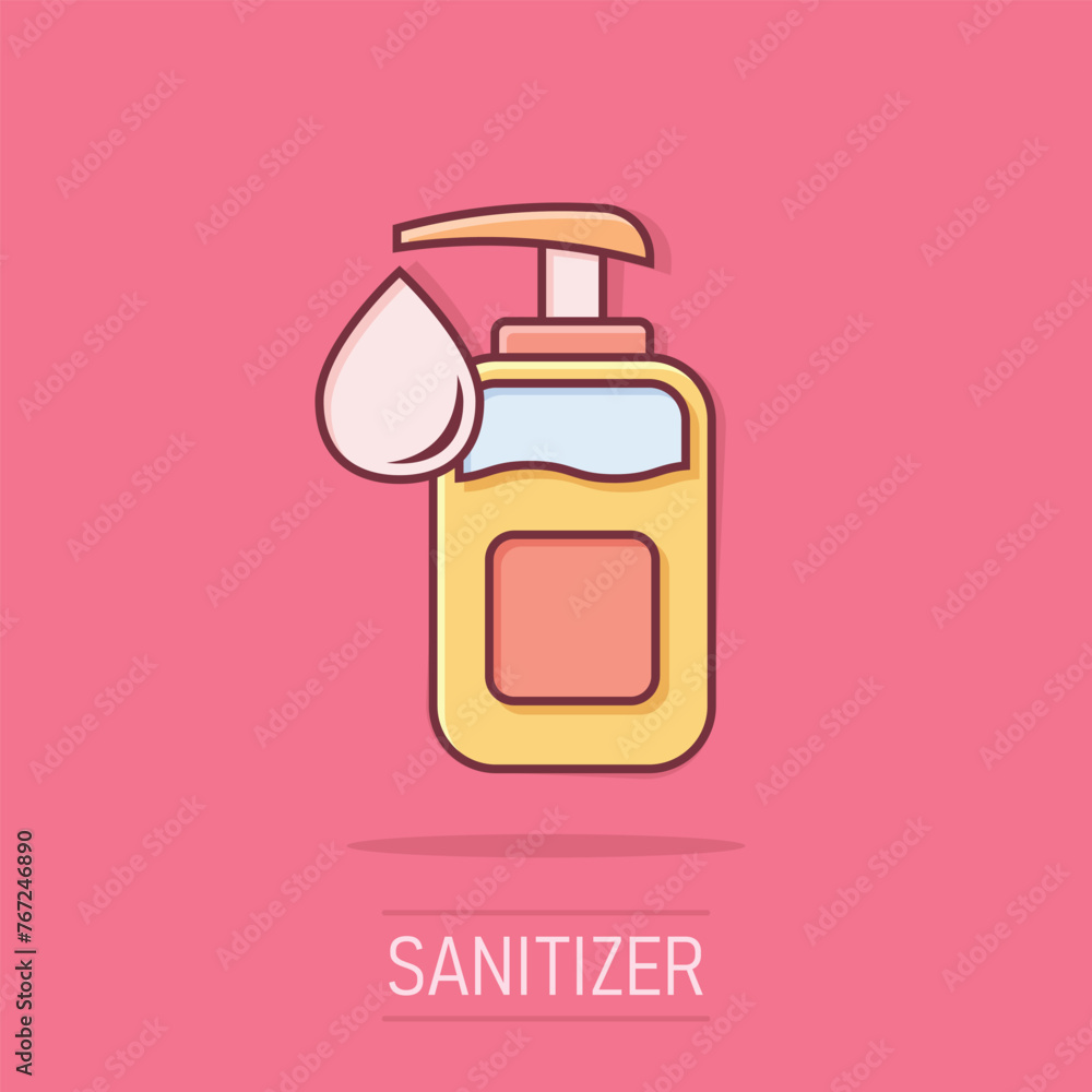 Hand sanitizer icon in comic style. Antiseptic bottle cartoon vector illustration on isolated background. Disinfect gel splash effect sign business concept. Hand sanitizer icon in comic style. Antiseptic bottle cartoon vector illustration on isolated background. Disinfect gel splash effect sign business concept.