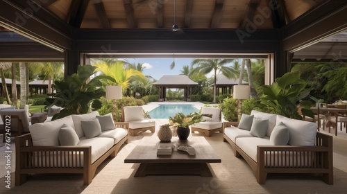 Tropical modern lanai living room with tongue-and-groove vaulted ceilings seamless integration with lush resort-style backyard. © Aeman