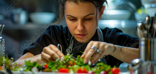 A female chef carefully adding finishing touches to a salad, her eyes focused and determined