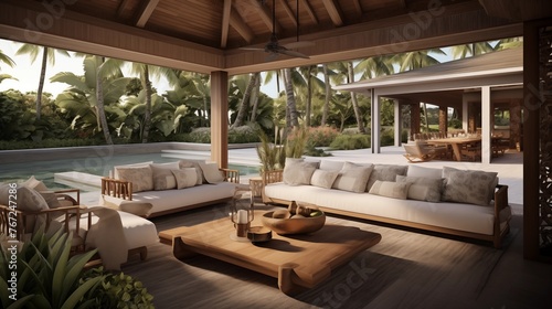 Tropical modern lanai living room with tongue-and-groove vaulted ceilings seamless integration with lush resort-style backyard. © Aeman